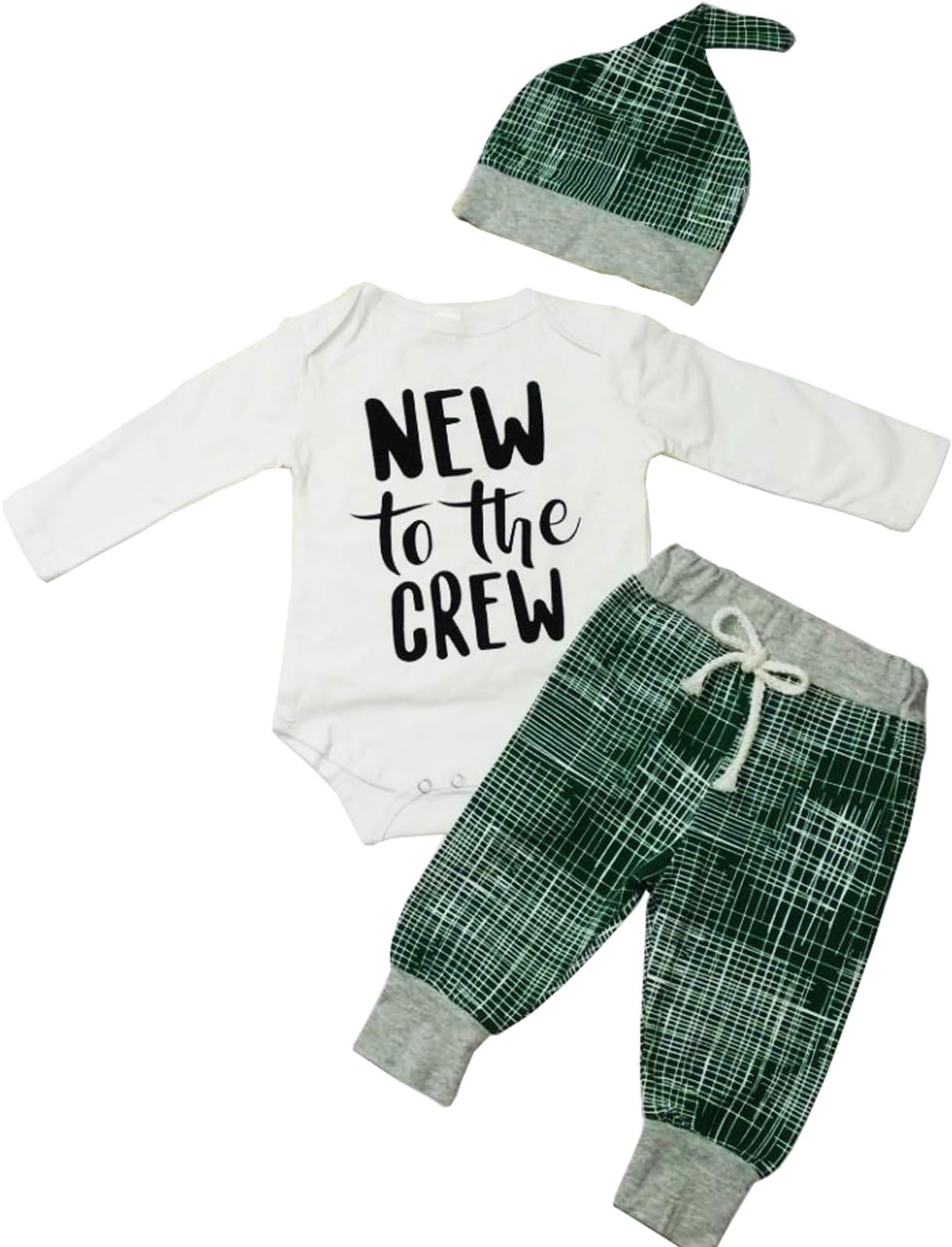 Little Brother New Crew Clothing Set Newborn Toddler Baby Boy Long Sleeve Romper Tops Stripe Pants and Hat (0-6 Months, New Crew White)
