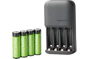 鶹 Basics Rechargeable AA Batteries NiMH (x4) with 4 Bay Battery Charger, Type A (American) Plug