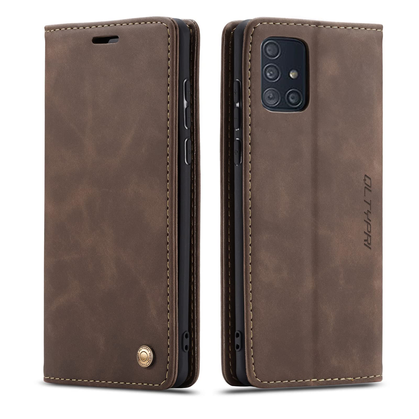QLTYPRI Case for Samsung Galaxy A71, Vintage PU Leather Wallet Case Card Slot Kickstand Magnetic Closure Shockproof Flip Folio Case Cover for Samsung Galaxy A71 - Coffee Brown