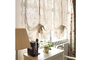 A.Monamour Cotton Linen Semi Transparent Floral Embroidered Fabric Balloon Curtain Window Roman Shades Window Treatment Tie Up Curtain Farmhouse Adjustable Tie Tieup, Rod Pocket/Pinch Pleat, 2 Pieces