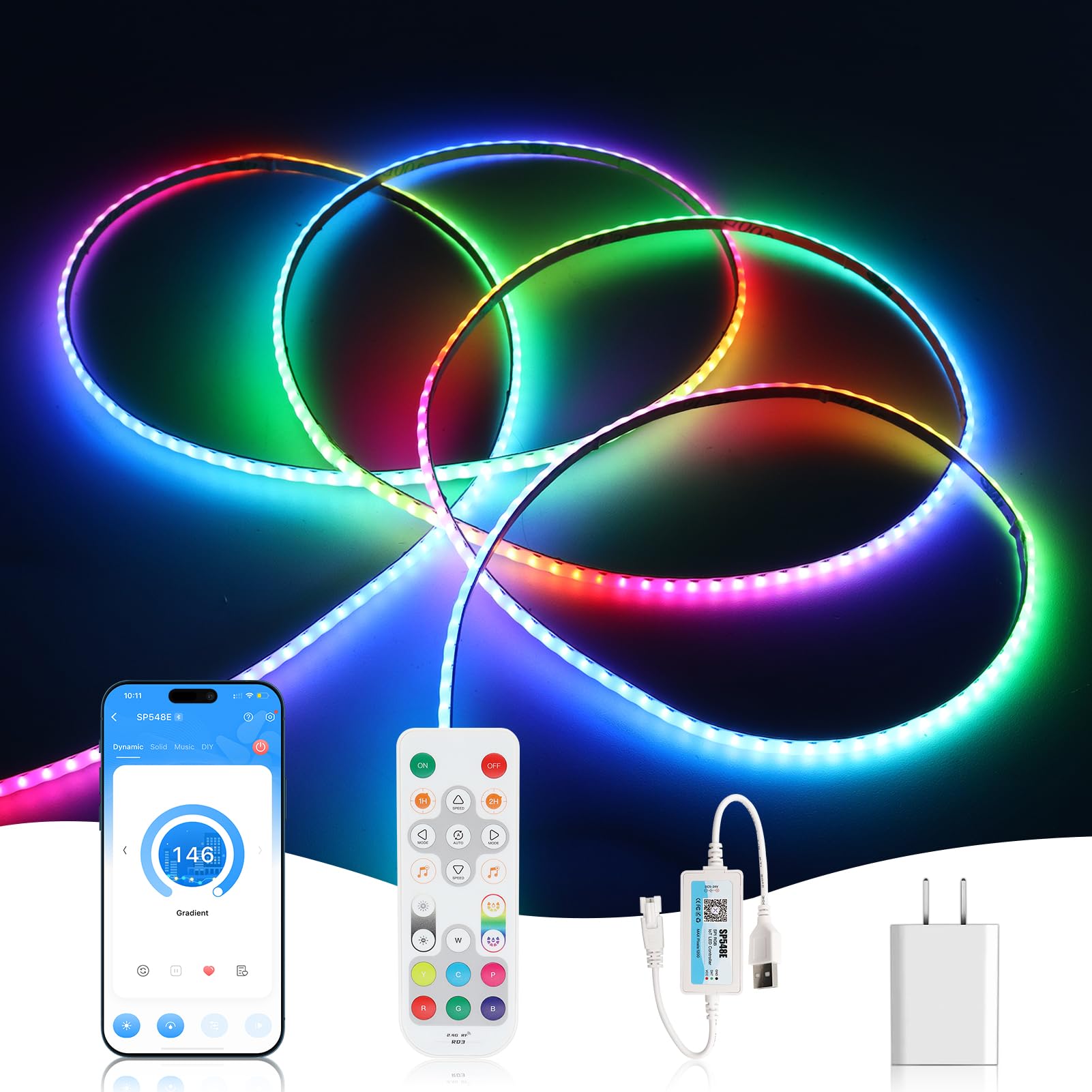 Photo 1 of 3mm WS2812B COB LED Strip Kit with Controller, 3.28ft Ultra Thin 5V USB Smart IC RGB Individual Addressable Dream Color 240 LEDs/m Flexible Light Tape for Home Stage TV Backlight Gaming Room Theater