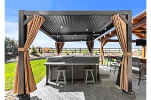 PURPLE LEAF Outdoor Louvered Pergola 10' × 13' Patio Hardtop Gazebo Sun Shade Shelter Outside Canopy with Metal Adjustable Roof for Beach Deck Backyard Garden, Curtains and Netting Included