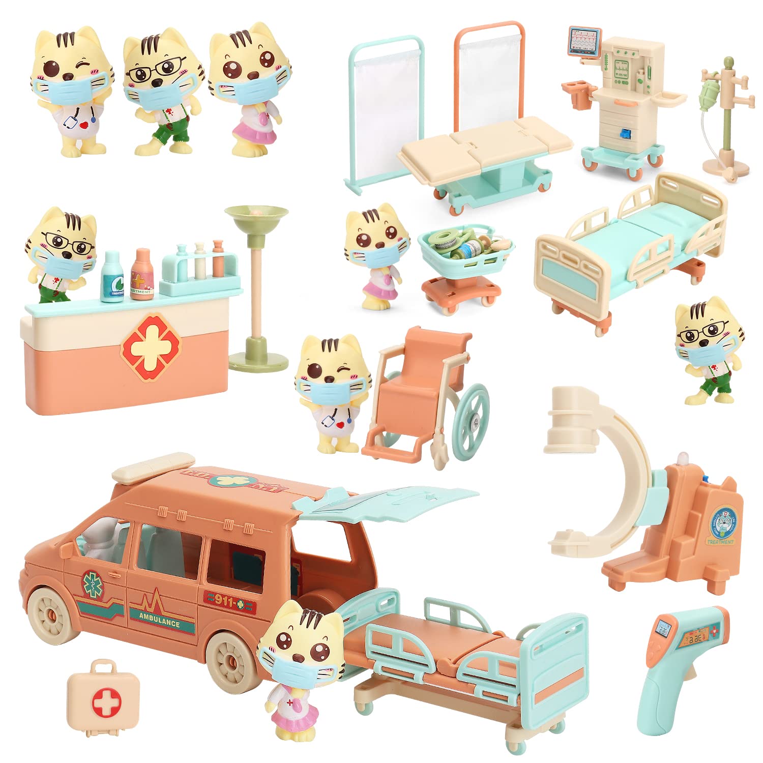 BananMelonBM Cat Dolls Doctor Pet Pretend Play Toys, Figures Playset Toy, Hospital and Ambulance Toy with Lights and Sound, Educational Toys, Gift for Kids Toddlers Boys and Girls