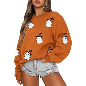 DUTUT Halloween Sweatshirt Women Skeleton Shirt Spooky Season Sweaters | Halloween Spooky Season Sweatshirt Sequin Dancing Sk