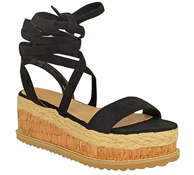 Fashion Thirsty Damen Espadrille-Sandalen mit Keilabsatz & Schnürung - Kork-Plateausohle