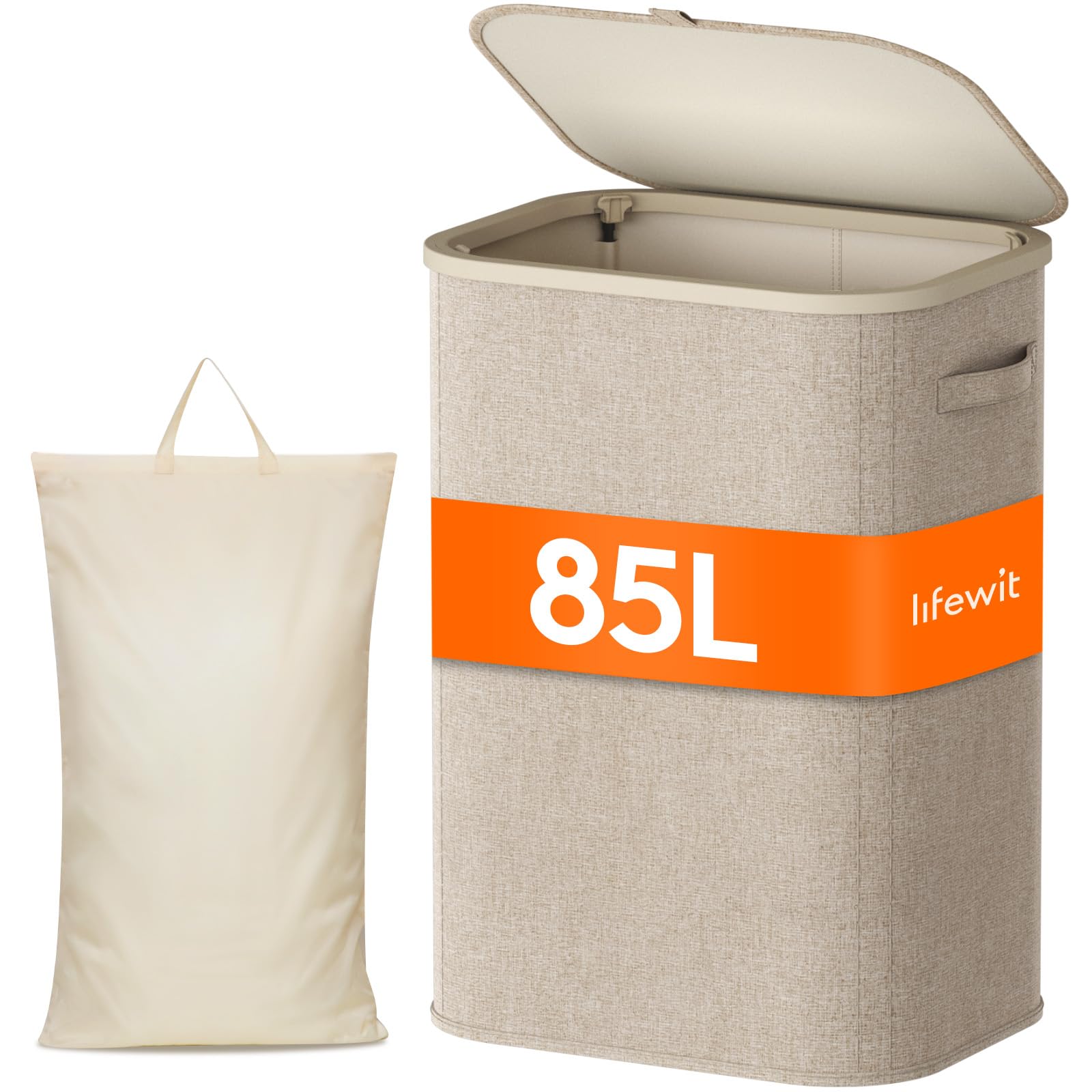 Lifewit Wäschekorb mit Deckel, 85L Wäschesammler mit Kunststoffrahmen, faltbarer großer Wäschesortierer, Wäschekörbe für Schlafzimmer, Bad, Beige