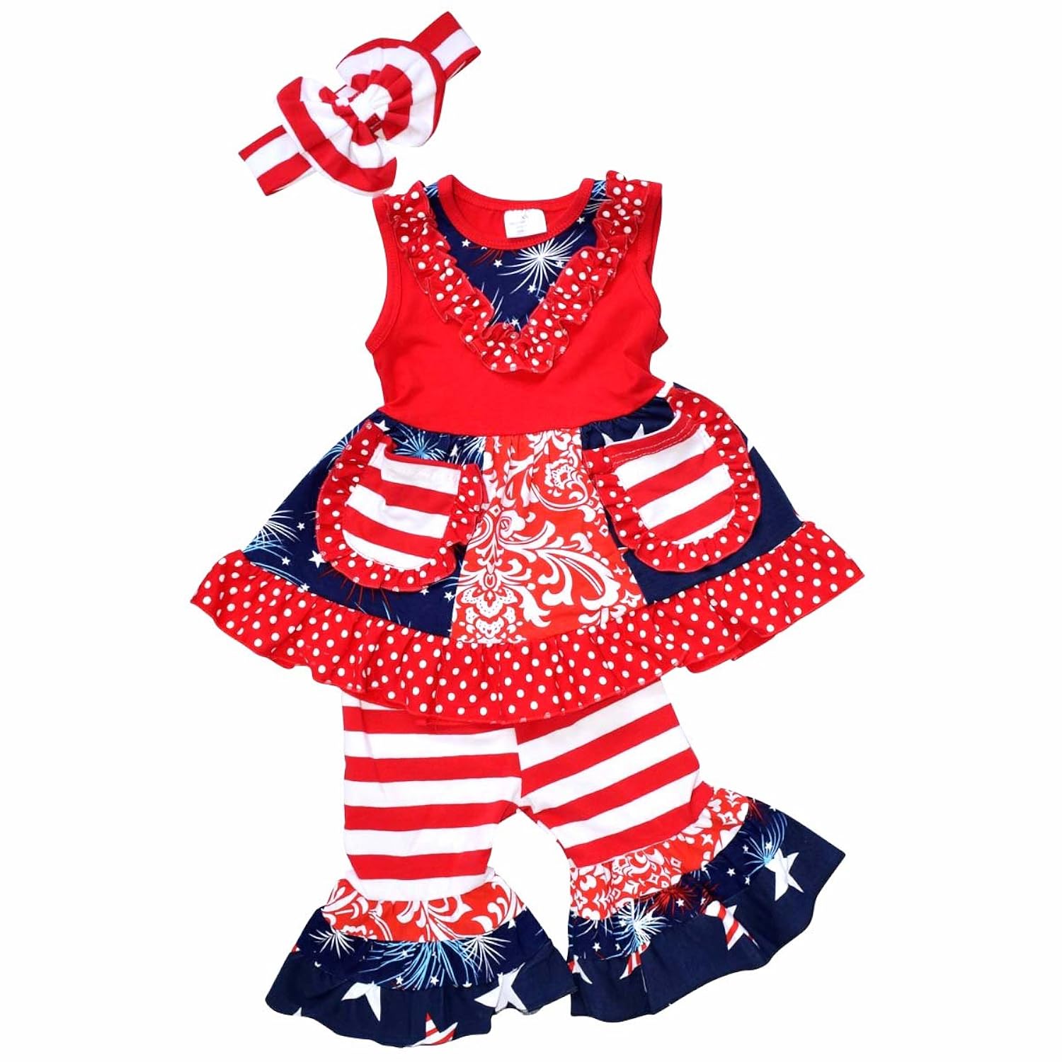 4th Of July Outfit Boutique Style Patriotic Baby Girls Red White Blue