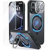 JUESHITUO 3 in 1 for iPhone 16 Pro Max Case, 360° Rotatable Magnetic Ring Stand with [Rotary Damping Sound] [1X Screen Protector+1X Camera Lens Protector] Shockproof Phone Cover 6.9", Black Titanium