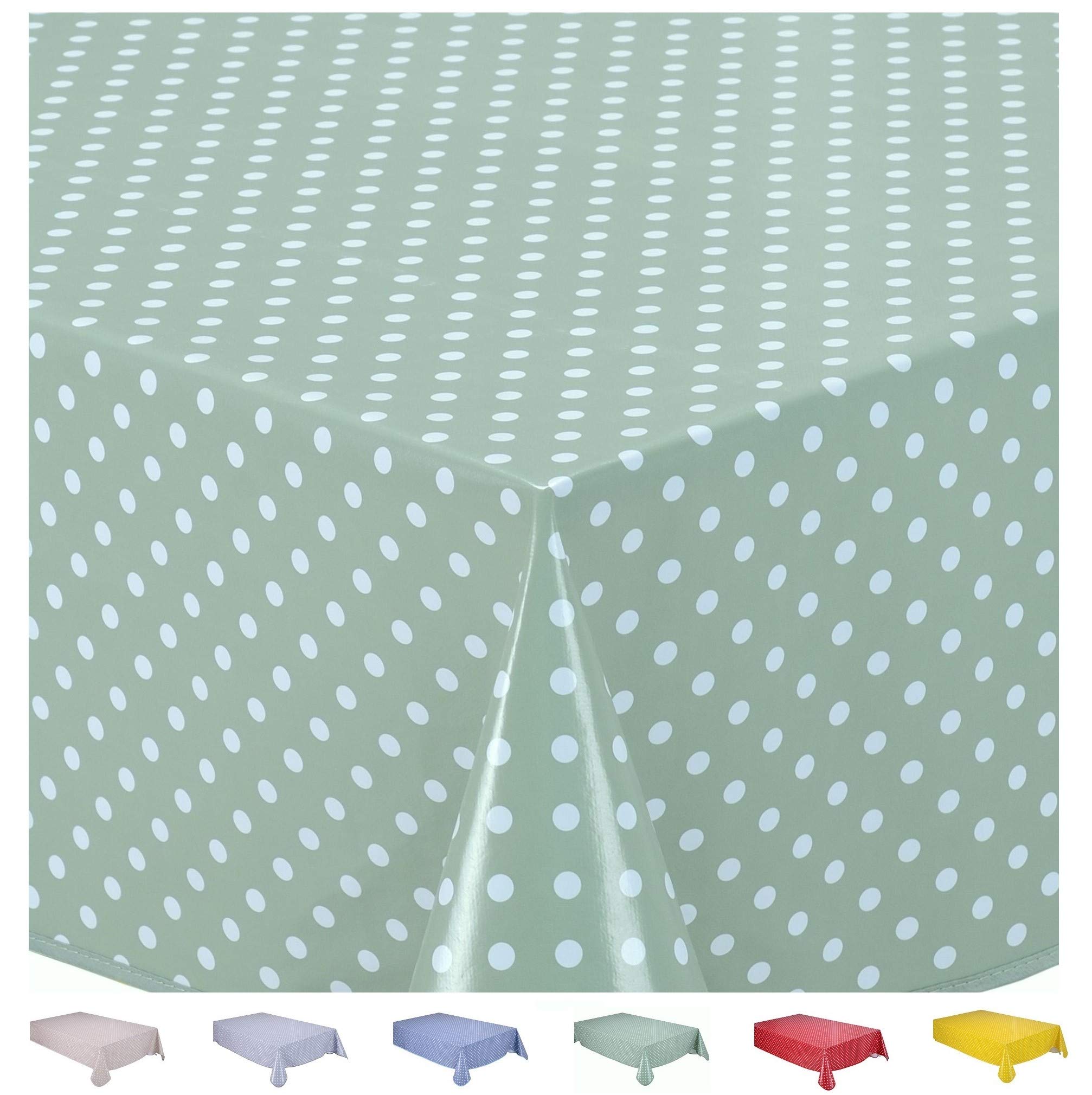 Rectangular Oilcloth PVC Wipe Clean Tablecloth 140cm x 180cm 55x70 Small Polka Dot Sage Green