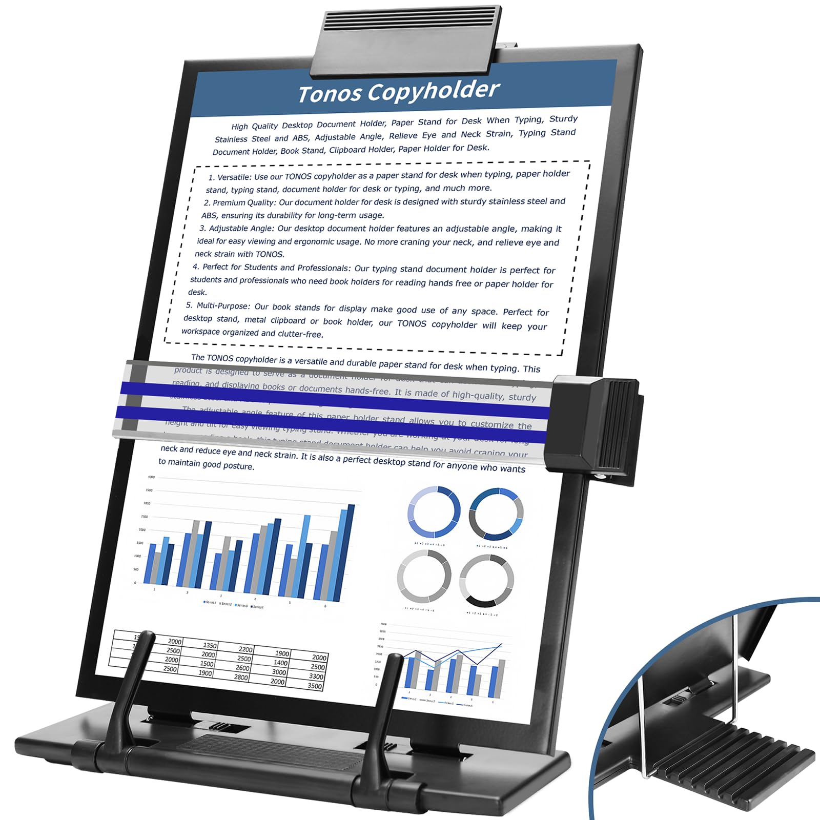 Photo 1 of TONOS Paper Stand Document Holder - Quality Document Holder for Desk, Paper Stand for Desk When Typing, Sturdy Stainless Steel Copy Holder, Adjustable Angle, Paper Holder Stand for Desk Typing