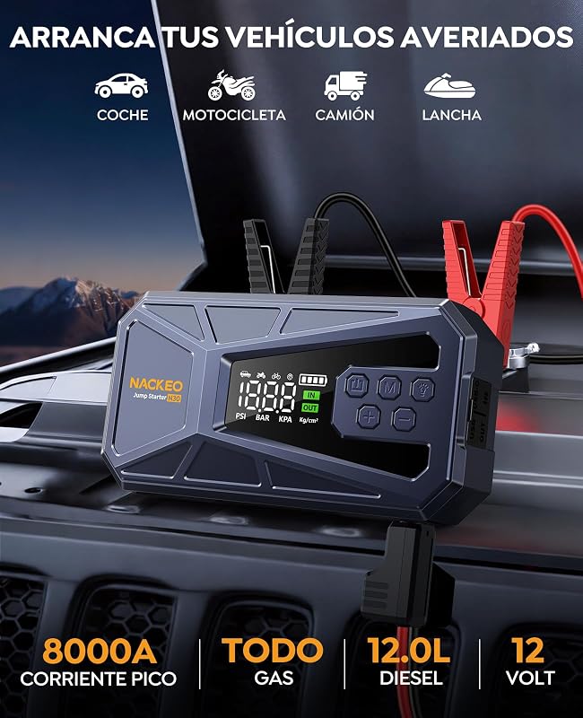 Arrancador de Baterías de Coche 8000A con Compresor 160 PSI, 12V Arrancador de Coches Portátil (Todo Gasolina o 12L Diésel), Arrancador de Coche con Linterna LED, Pantalla LCD y Carga Rápida
