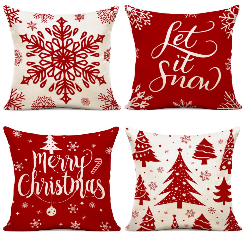 YCOLL Father Christmas Cushion Covers 40x40 Set of 4 Pine Trees Reindeer Cushions Linen Pillowcases Sofa Cushions for Christmas Decorations Living Room Winter Xmas Decor — image 1
