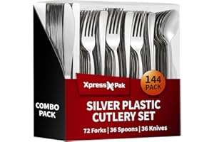144-Piece Silver Plastic Cutlery Set – Heavy Duty Silverware – 72 Forks, 36 Knives, 36 Spoons – Elegant Flatware for Parties,