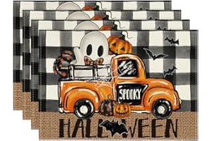 Artoid Mode Buffalo Plaid Bat Ghost Truck Spooky Halloween Placemats Set of 4, 12x18 Inch Seasonal Table Mats for Party Kitchen Dining Decoration