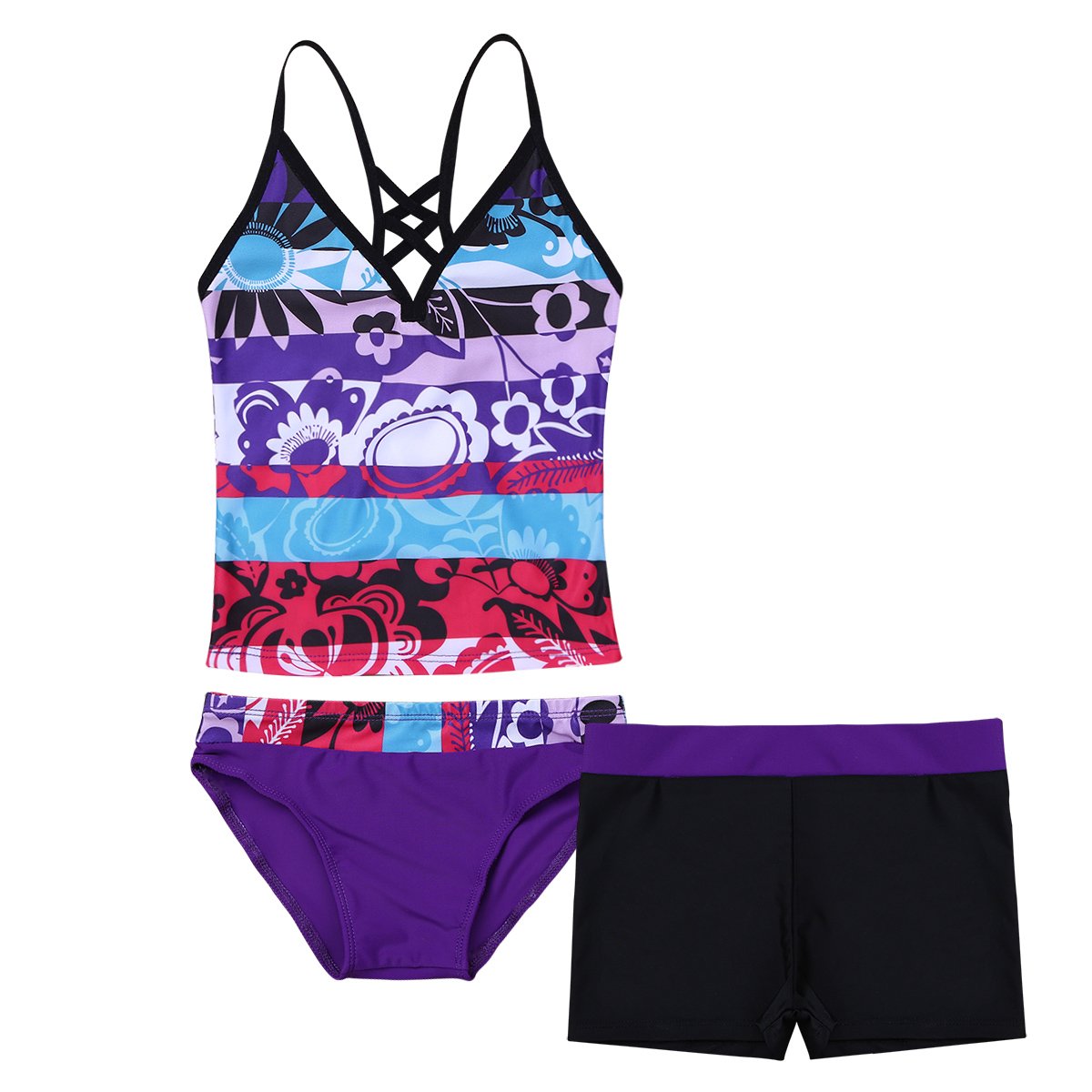 ranrann Conjunto de 3 piezas de tops con estampado floral y pantalones cortos para niñas, traje de baño, traje de baño, color morado 8