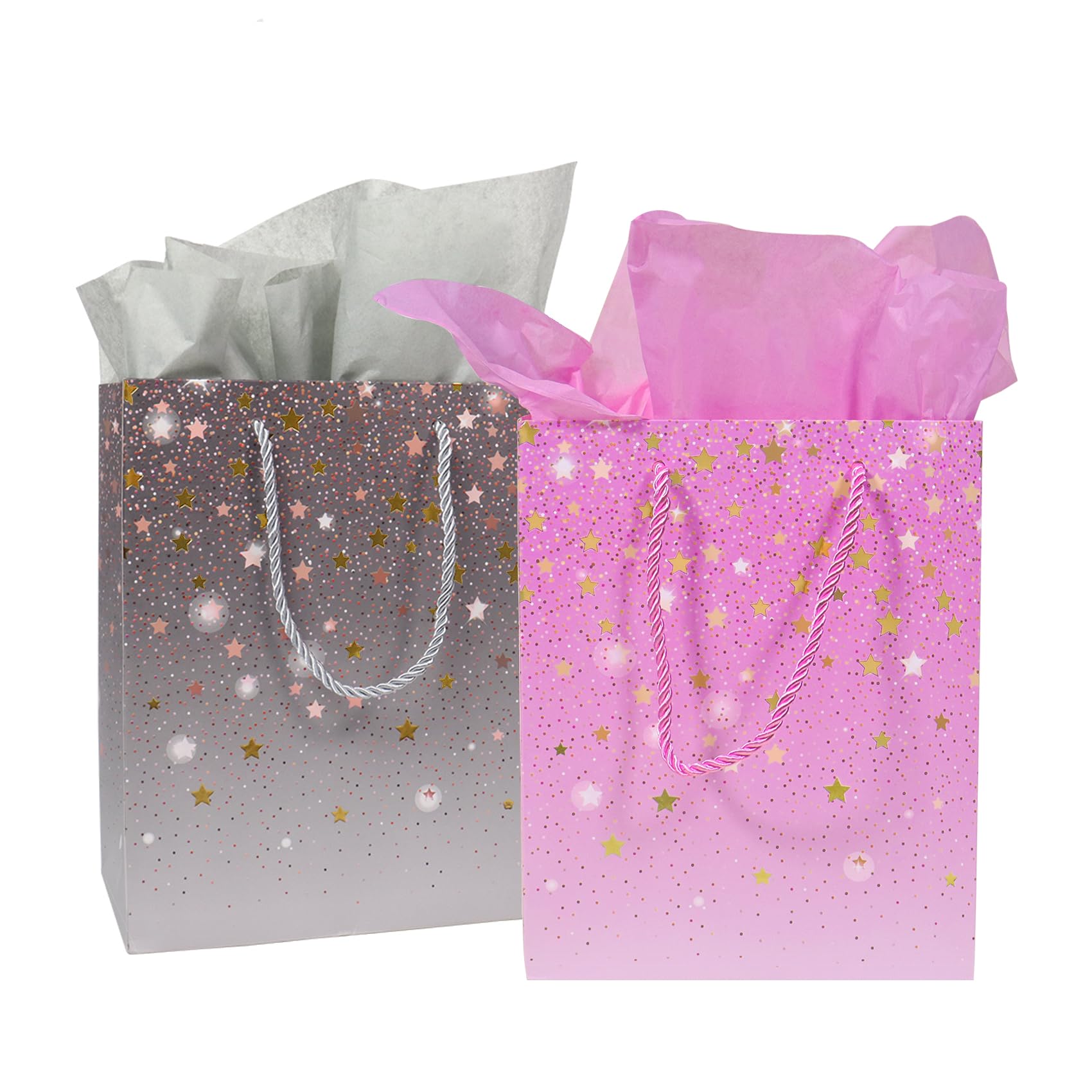 2 Pack Gift Bags with 4 Tissue Paper, Small Medium Gift Bag for Present, Birthday Gift Bag for Women, Wedding, Baby Shower, Graduation Party, Bridal Shower(Purple, Grey)