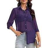 MISMI Women Sheer Mesh Button Up Shirt Long Sleeve Sexy See Through Tops Fashion Trendy Mesh Shirts Tops