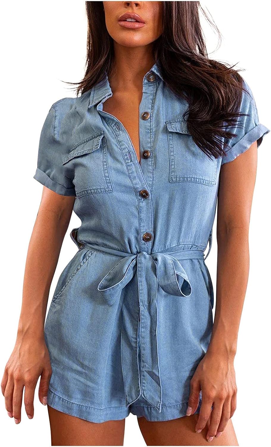 Kurz Jeanslatzhose Denim Shorts Overall Jumpsuit Damen Knöpfe Revers Mode Denim Playsuit