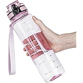 OLDLEY 32 oz Water Bottle, Motivational Water Bottle with Time Marker, Sports Water Bottle With Strap, Leakproof & BPA Free Large Water Bottles for School, Gym, Travel, Tritan, Transparent Pink