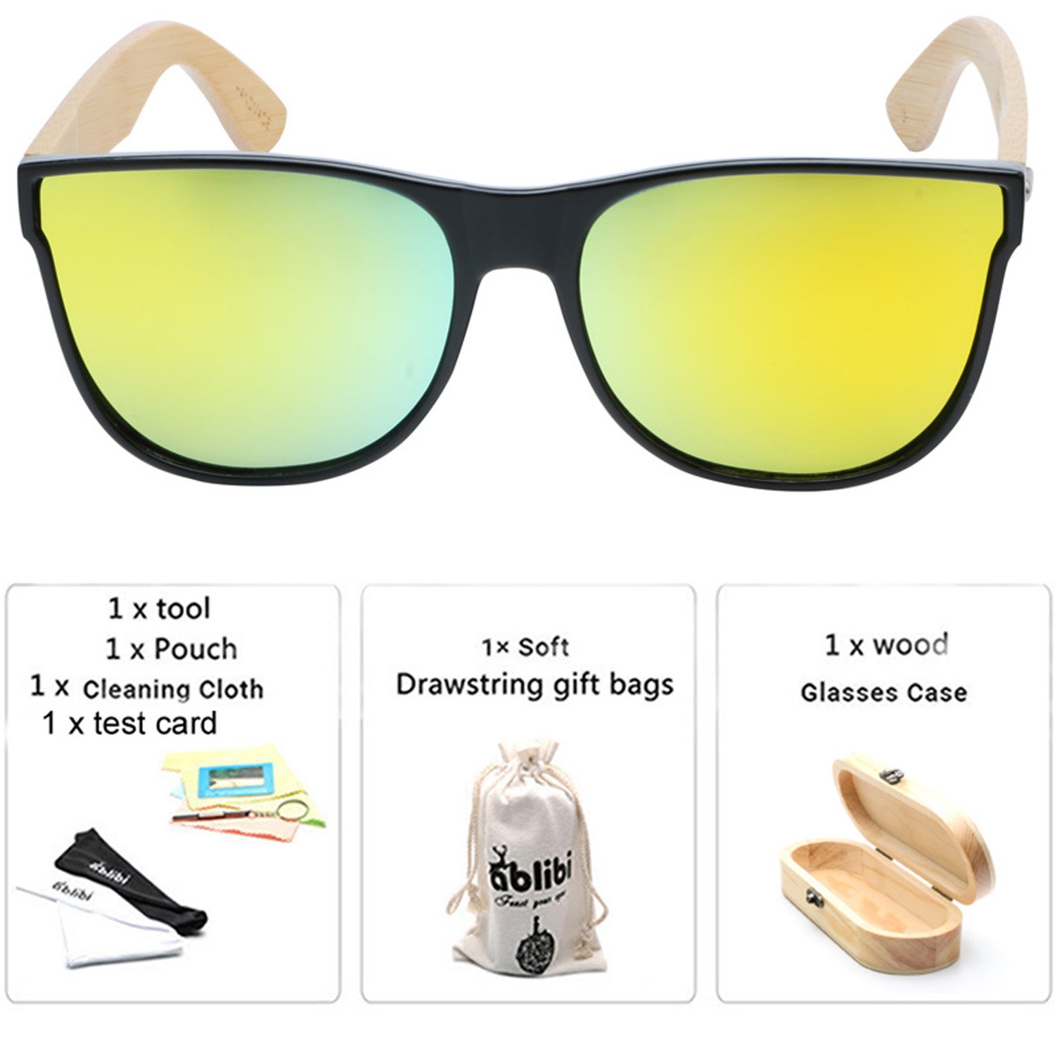 Ablibi Womens Unique Bamboo Sunglasses Polarized Eyewear in Gift Box (black, green)