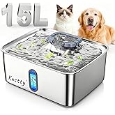 Kastty 4 Gal Dog Water Fountain for Large Dogs,15L Stainless Steel Large Pet Water Fountain, Ultra Quiet Automatic Dog Water Bowl Dispenser with Water Level Window and LED Light(FS78,Grey