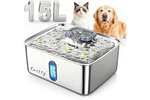 Kastty 4 Gal Dog Water Fountain for Large Dogs,15L Stainless Steel Large Pet Water Fountain, Ultra Quiet Automatic Dog Water Bowl Dispenser with Water Level Window and LED Light(FS78,Grey