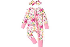 PATPAT Baby Girl Boy Footie Clothes, Soft Viscose from Bamboo, 2-Way Ruffled Zipper, Fold-Over Mittens & Cuffs with Headband
