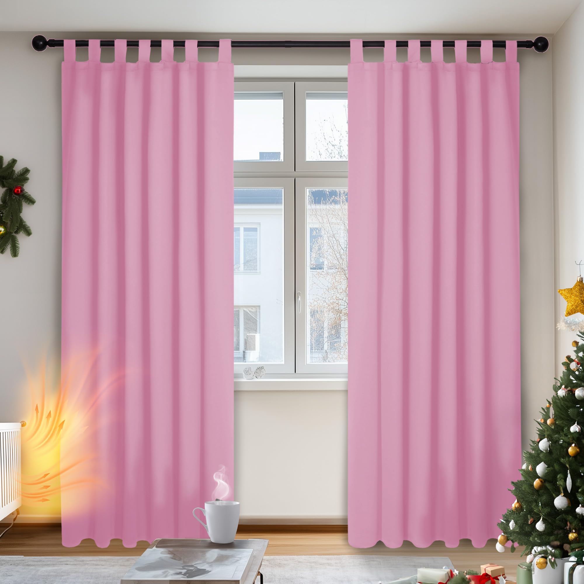 Deconovo Solid Tab Top Thermal Insulated Curtains 55 x 114 Inch Pink 2 Panels — image 1
