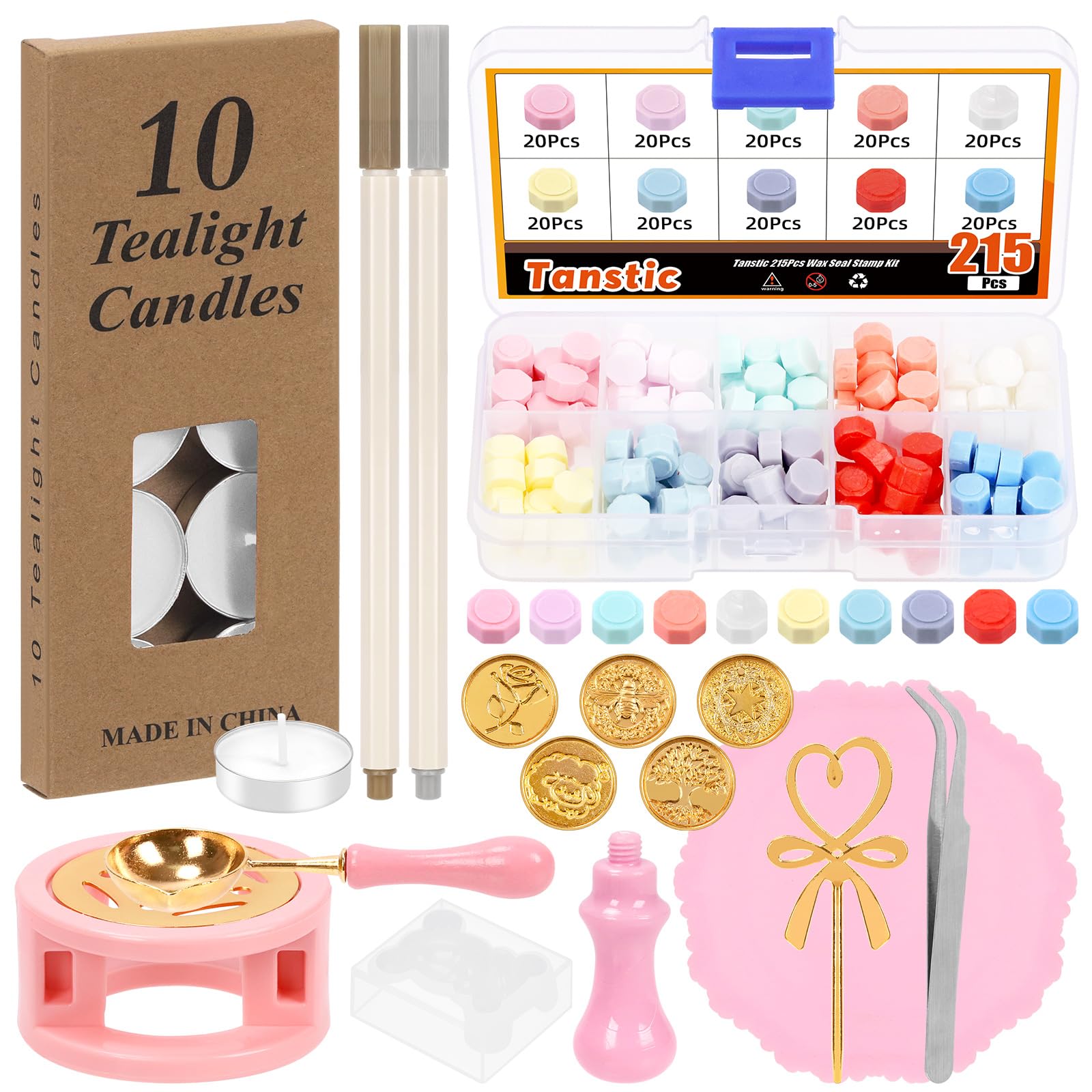 Tanstic 224Pcs Wax Seal Kit - 10 Color Wax Beads, Stamps, Warmer, Spoon, Candles, Metallic Pens, Mat for Letter Sealing & Craft Decoration — image 1