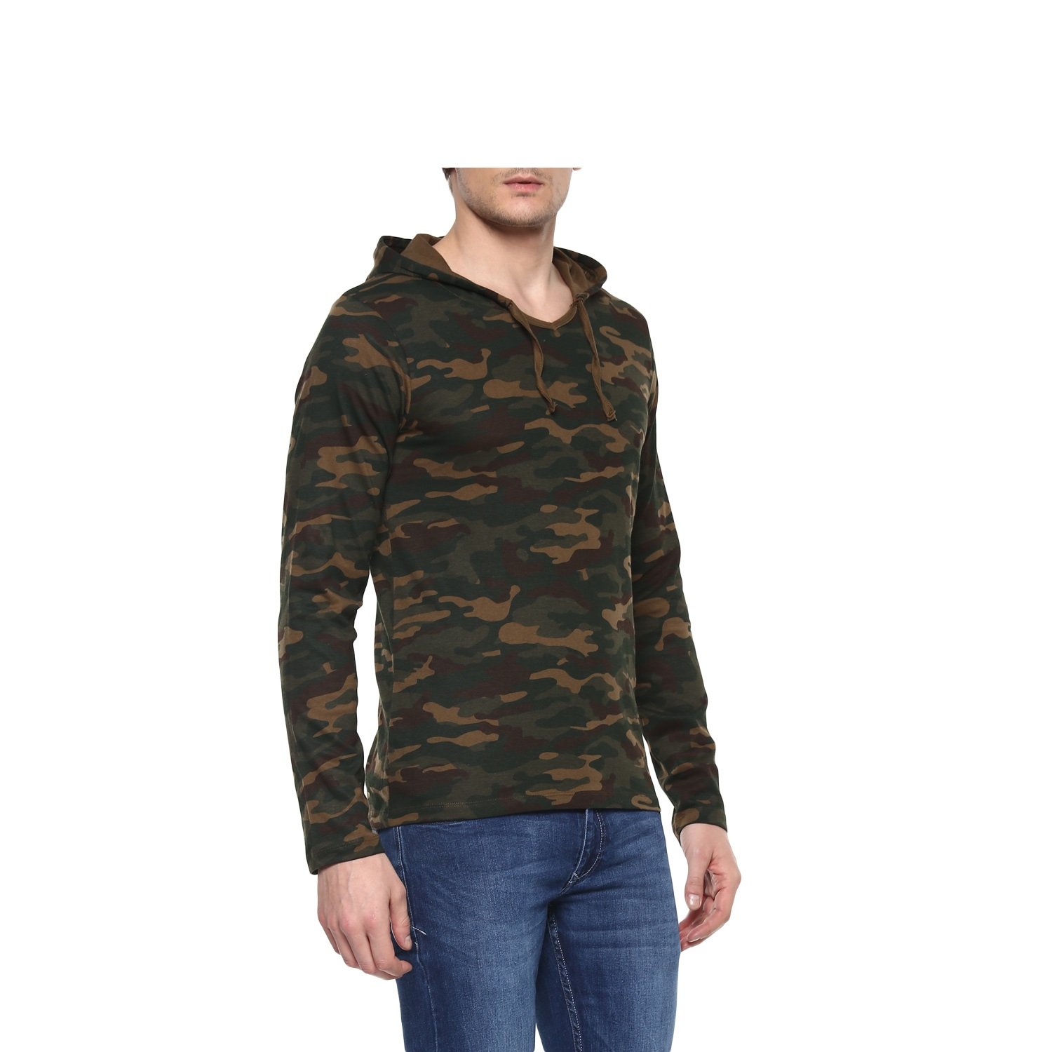 urbano fashion men's green camouflage hooded full sleeve t-shirt