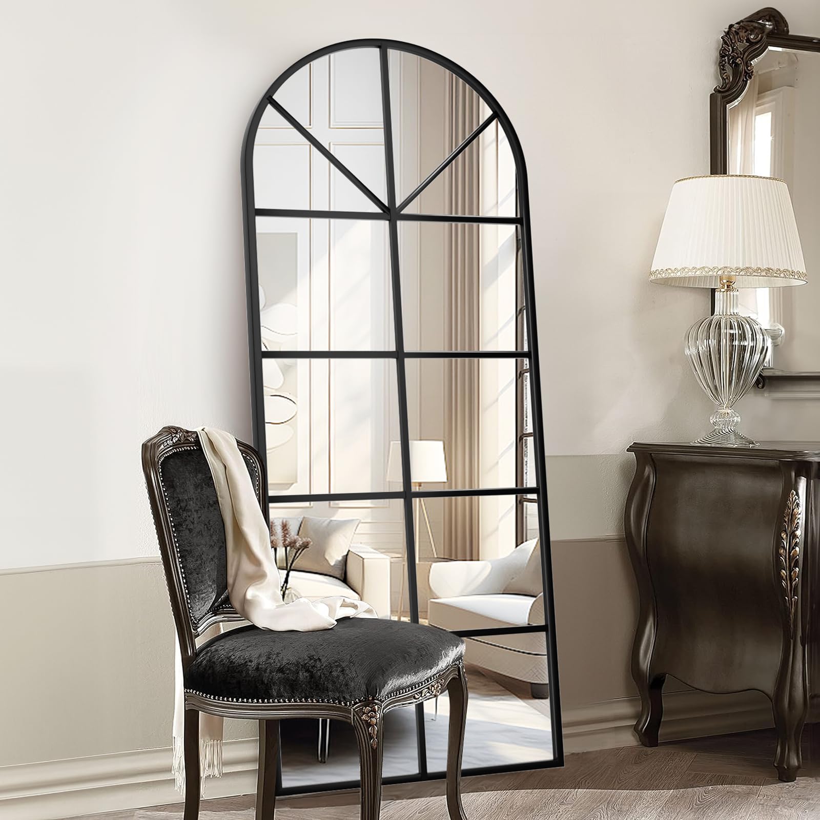Photo 1 of ZMYCZ Floor Full Length Mirror, 71"x32" Large Arched Window Pane Mirror, Oversize Wall Full Body Mirrors, Black Farmhouse Standing Mirrors Hanging or Leaning for Living Room, Entryway, No Stand