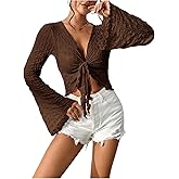 MakeMeChic Women's Bell Sleeve Crop Tops V Neck Tie Front T Shirts Textured Trim Y2k Top