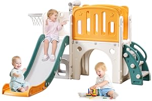 YUYUE 8 in 1 Toddler Slide for Toddlers Age 1-3, Extra-Long Slide with Basketball Hoop Indoor and Outdoor Baby Climber Playset Playground Freestanding Slide (Medium, White+Orange)