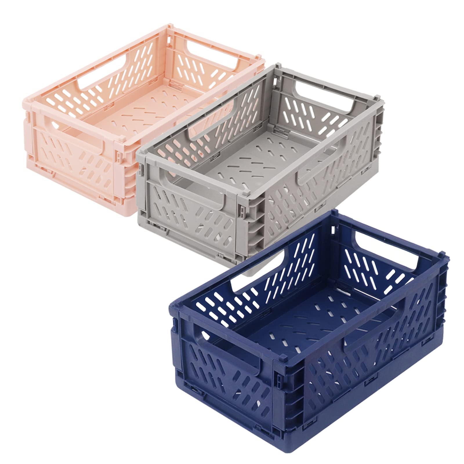 Klyuqoz Pastel Crates, 3 Pack Foldable Crate with Handles Storage Stacking Baskets, Desktop Plastic Storage Basket Large Size(8.7 X 5.8 X 3.7 in), for Home Kitchen Bedroom Office.Blue, Grey, Pink