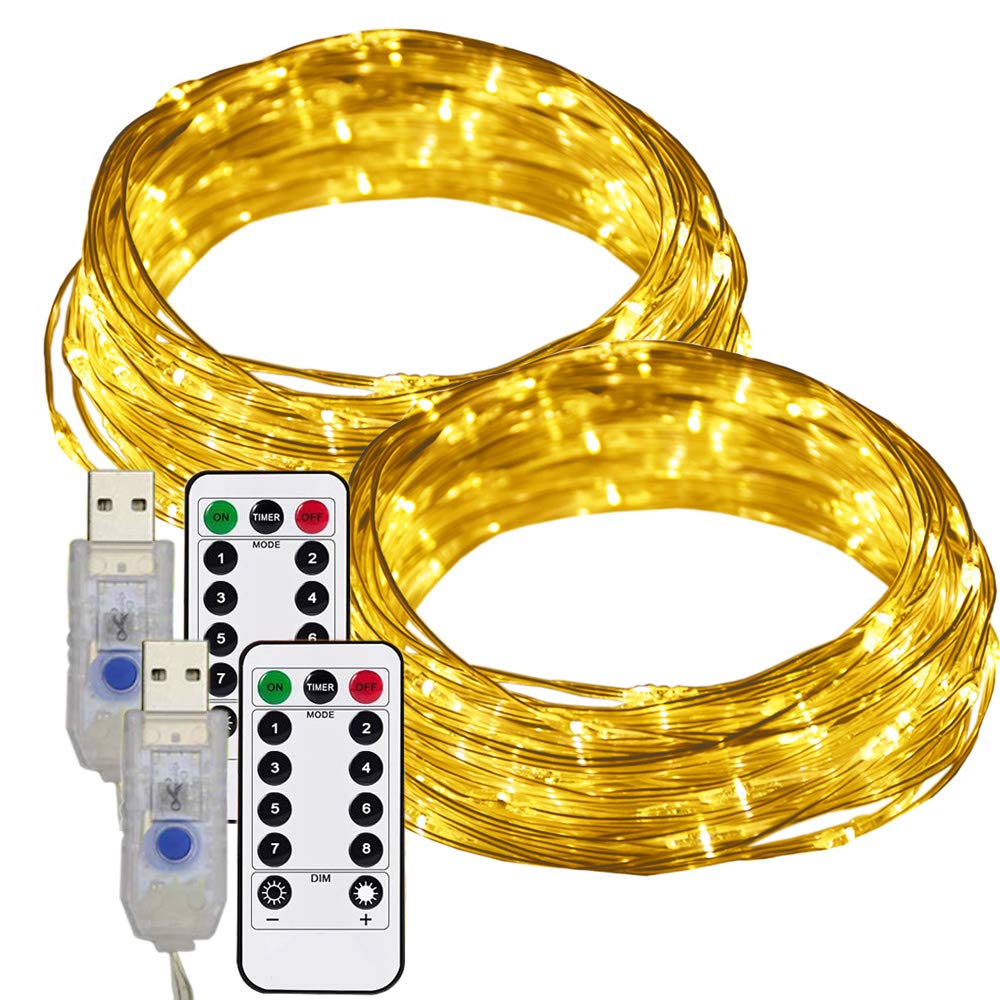 RcStarry 33FT/10m LED Wire String Lights 100 LEDs USB Powered, Outdoor LED String Lights, IP65 Waterproof Fairy Lights with Remote for Tree Bedroom Christmas Garden Decoration, 2 Pack (Warm White)