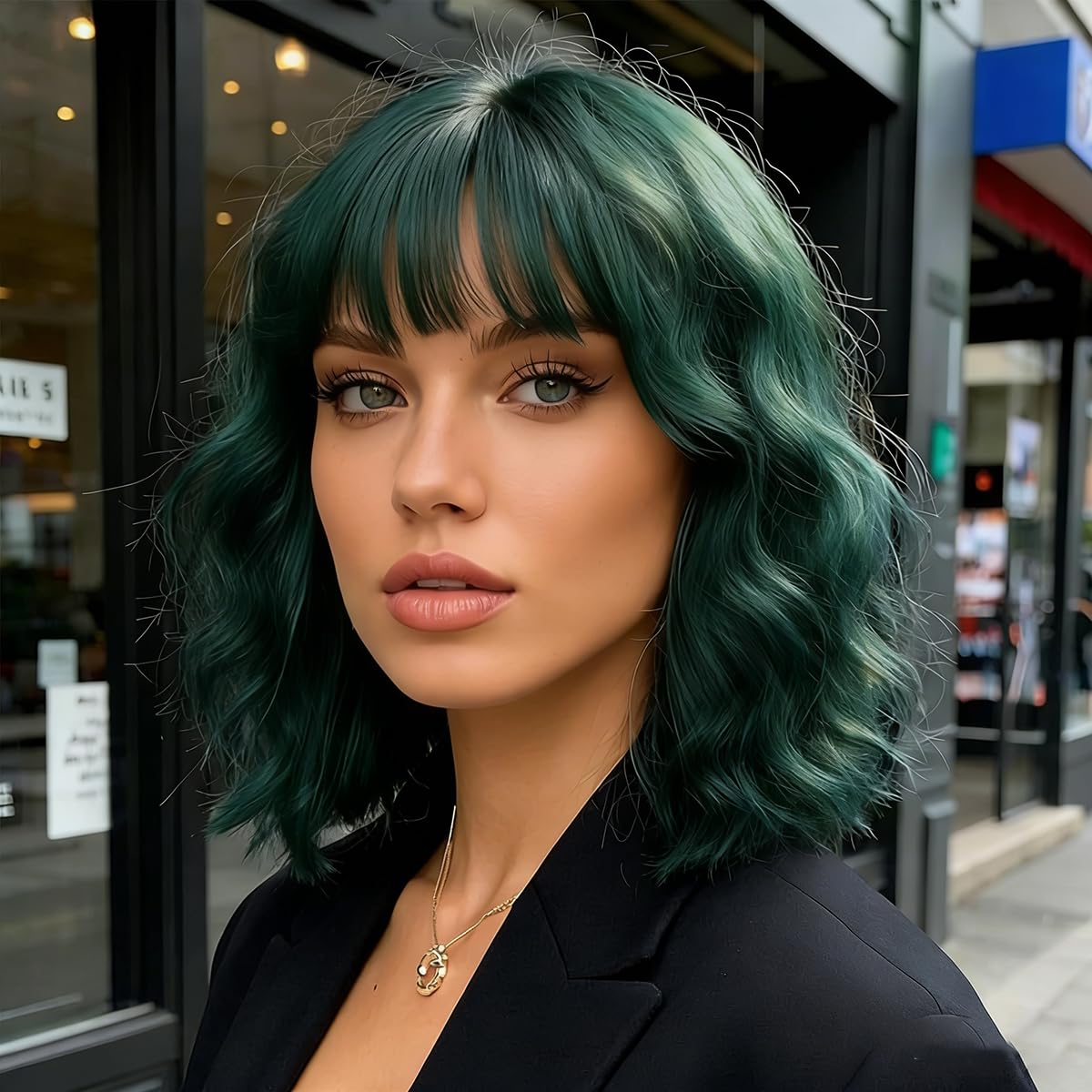 Yamel Wavy Bob Wig with Bangs Green Wig Natural Synthetic Hair Shoulder Length Short Curly Wigs for Women — image 1