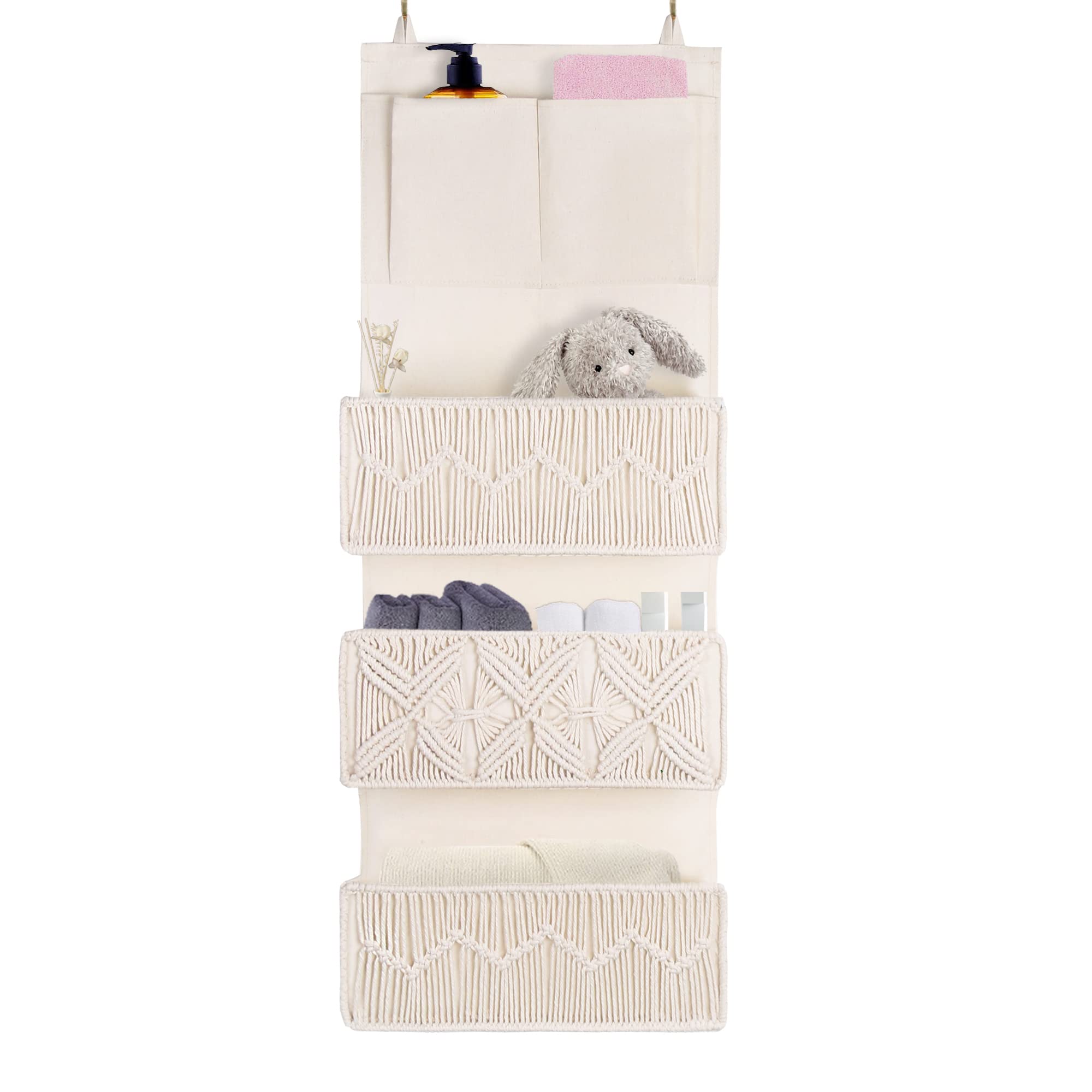 Photo 1 of FEILANDUO Over The Door Organizer Boho Macrame Closet Organizers and Storage with 3 Large Woven Pockets Behind Door Organizer for Nursery, Pantry, Bathroom, Bedroom, Dorm (Ivory)