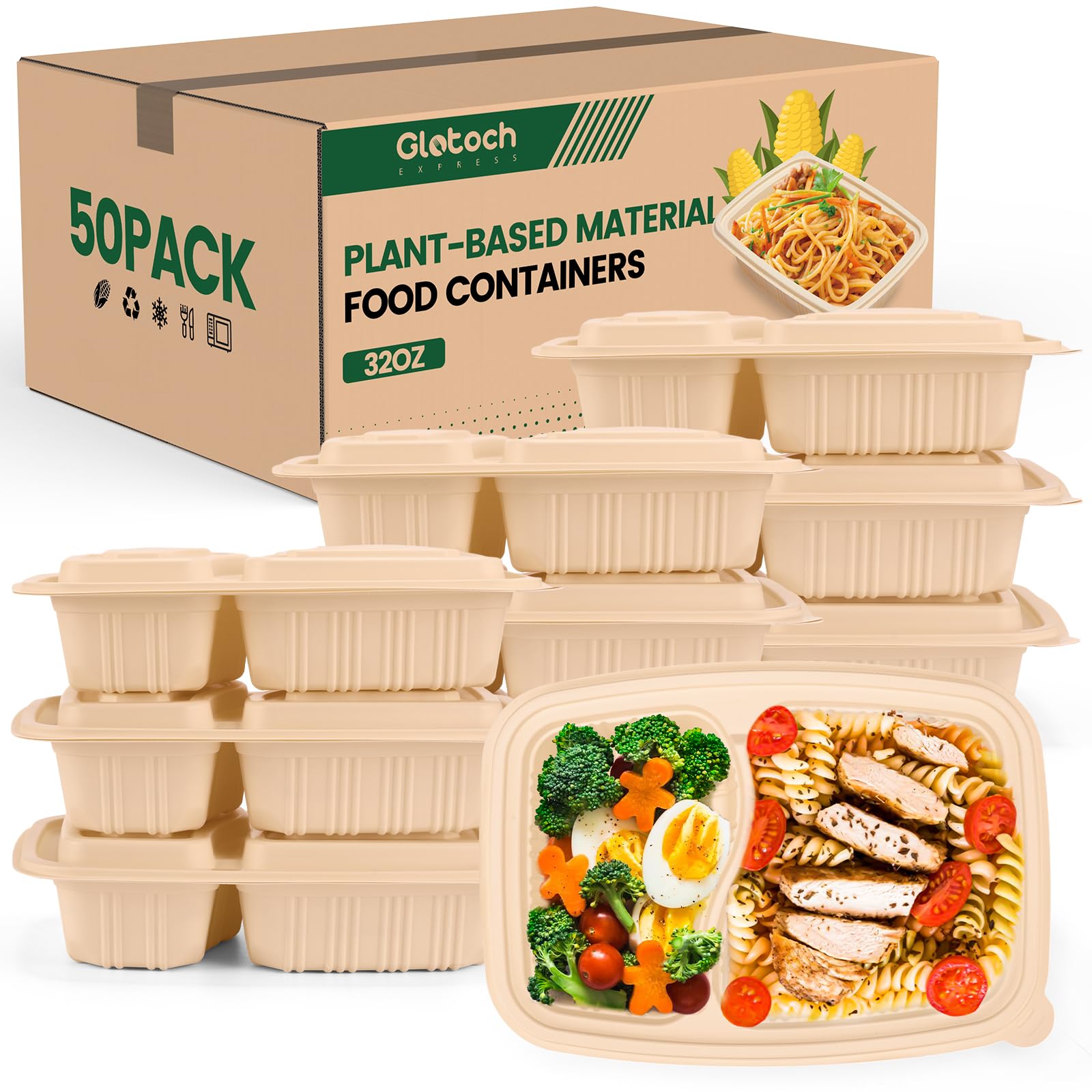 Photo 1 of 100 Piece (50 Pack) Meal Prep Containers Reusable - 2 Compartment 32 oz Cornstarch Snack Containers with Lids - Plastic Food Storage Salad Containers - To Go Lunch Box - Microwave & Freezer Safe