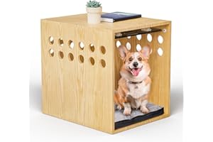 Dog Crate Furniture, SAUCE ZHAN Dog Kennel with Cushion for Small/Medium Dogs, End Side Table Wooden Crate for Pets Indoor, Wood Color