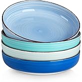 vancasso Pasta Bowls Set of 4, 46 oz Ceramic Salad Serving Bowls and Soup Bowls, Microwave Safe Pasta Plates, Large Shallow Kitchen Dishes, Bonita Series - Blue