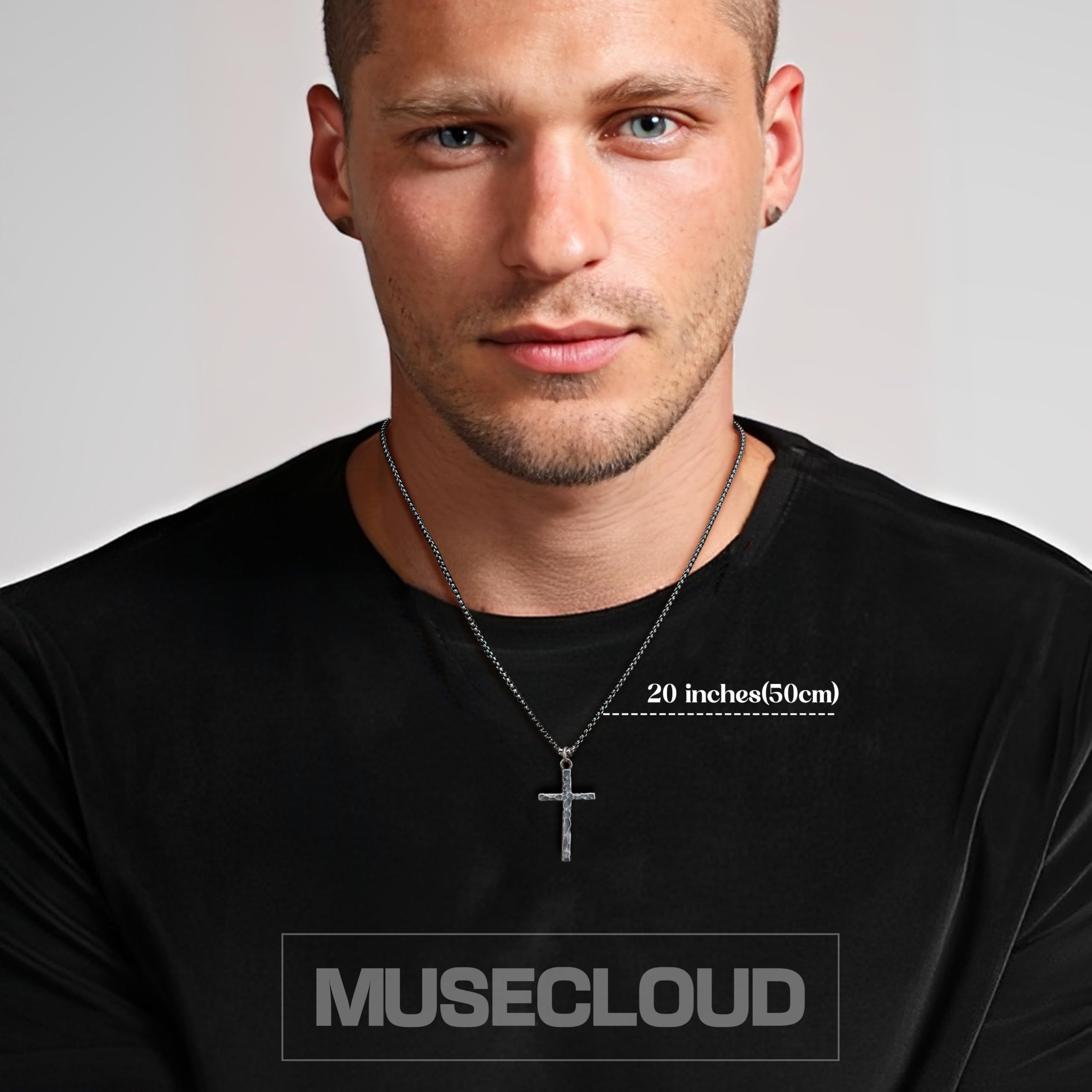 MUSECLOUD 925 Sterling Silver Cross Necklace Men - Oxidized Hammered Cross Pendant with Stainless Steel Box Chain Vintage Unique Crucifix Necklaces Silver Jewelry for Mens Women 18-26 Inches