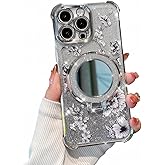 Pretaco for iPhone 14 Pro Max Case with Diamond Mirror Kickstand,[Reinforced Conner Bumper][Glitter Bling Floral Design] Luxury Shinny Electroplated Edge for Women Girls-Silver