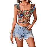 MakeMeChic Women's Paisley Print Camisole Crop Tops Ruffle Sleeve Criss Cross Tie Back Tank Top