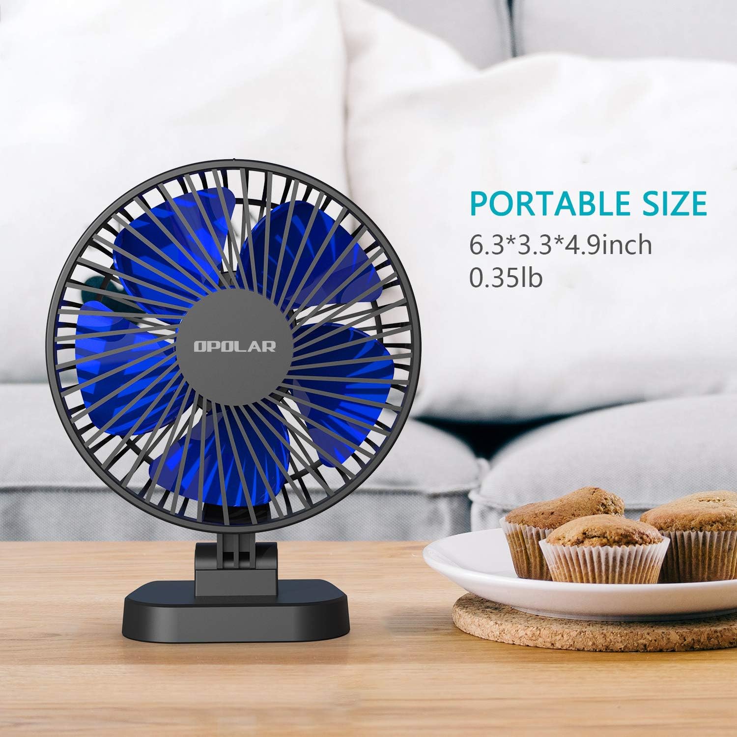 OPOLAR USB Desk Fan, Small but Mighty, Quiet Portable Fan for Desktop Office Table, 40° Adjustment for Better Cooling, 3 Speeds, 4.9 ft Cord: Home & Kitchen