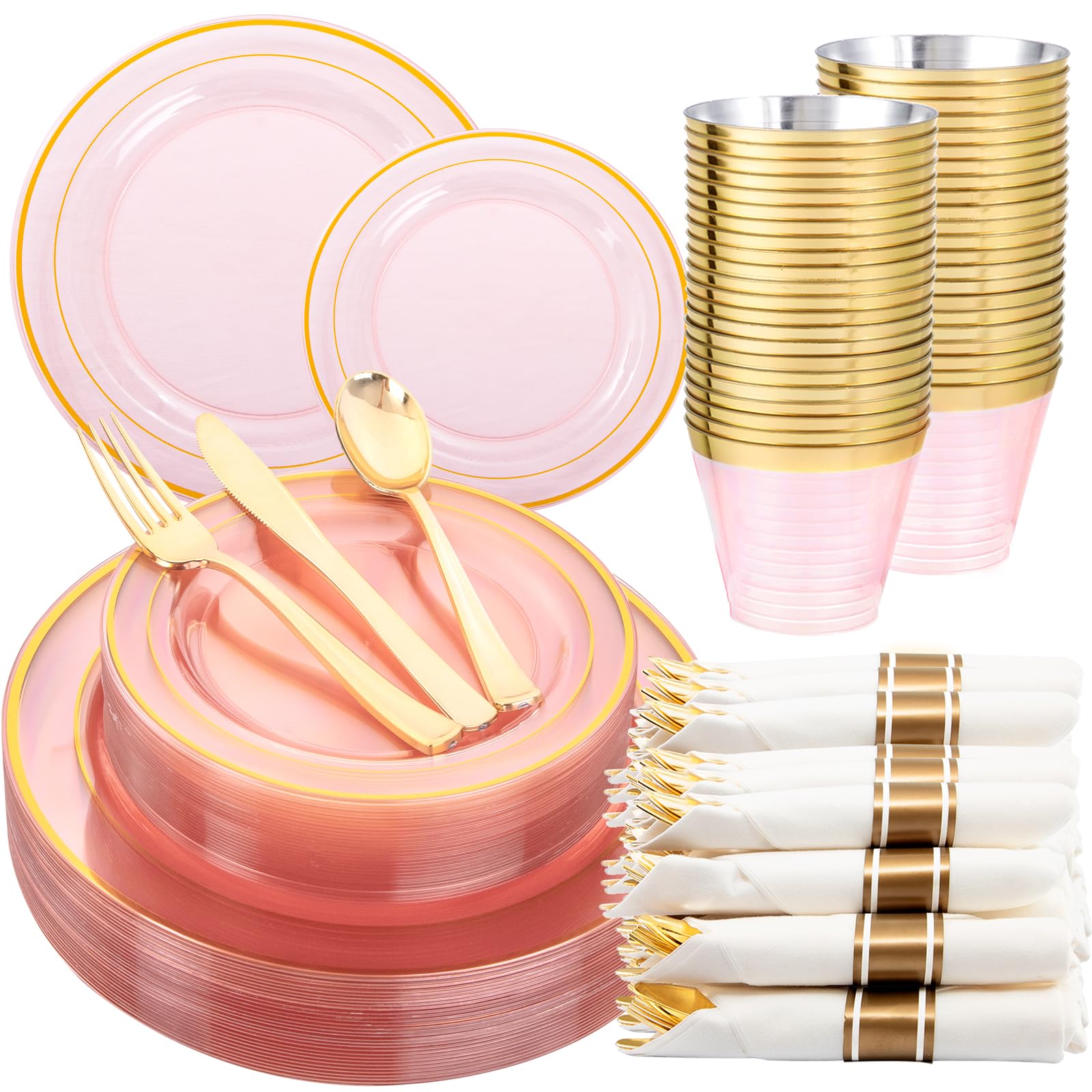 Photo 1 of WELLIFE 210Pcs Clear-Pink Plastic Dinnerware- Pink and Gold Plastic Dinnerware include 30 Dinner Plates, 30 Dessert Plates, 90 Gold Silverware, 30 Cups and 30 Napkins Perfect for Parties