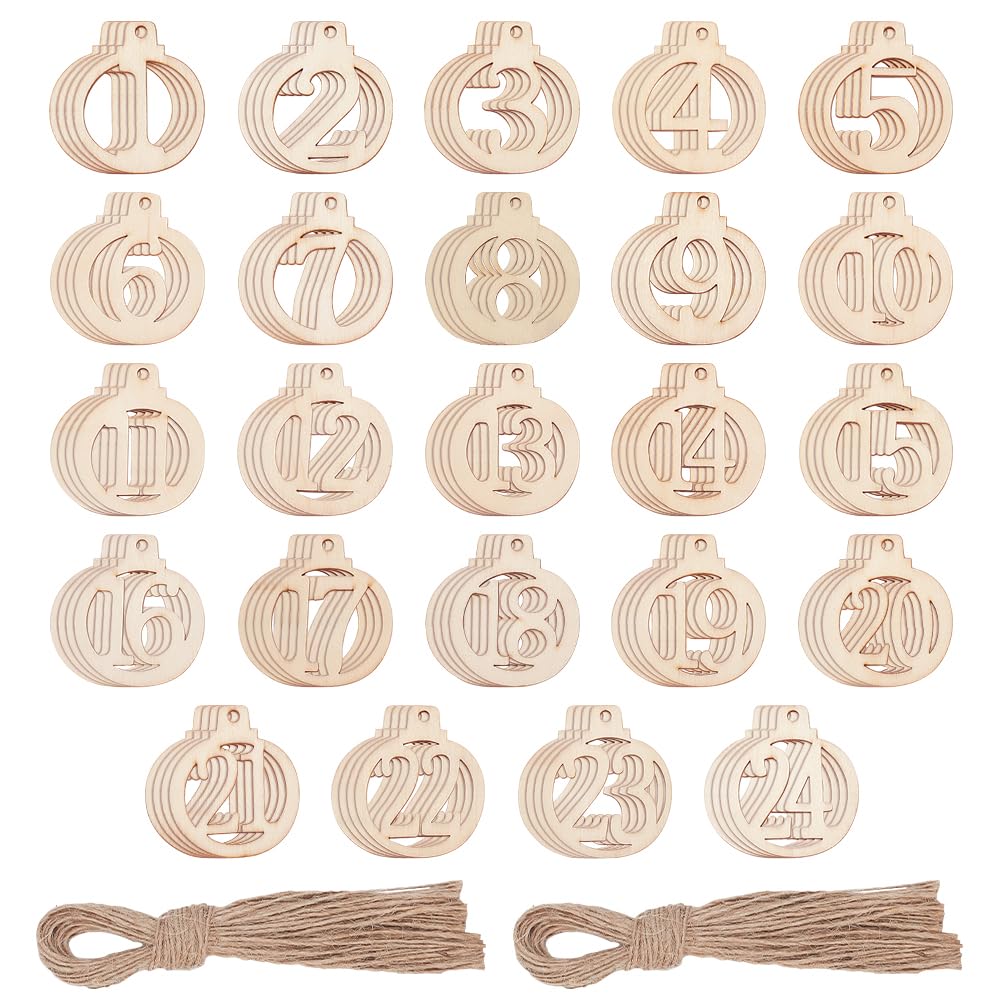 NBEADS 96 Pcs Wood Number for Christmas, 1-24 Christmas Countdown Advent Calendar Wooden Number Pendants with Jute Rope for Christmas Tree Decor DIY Crafts Gift Tags Hanging Ornaments