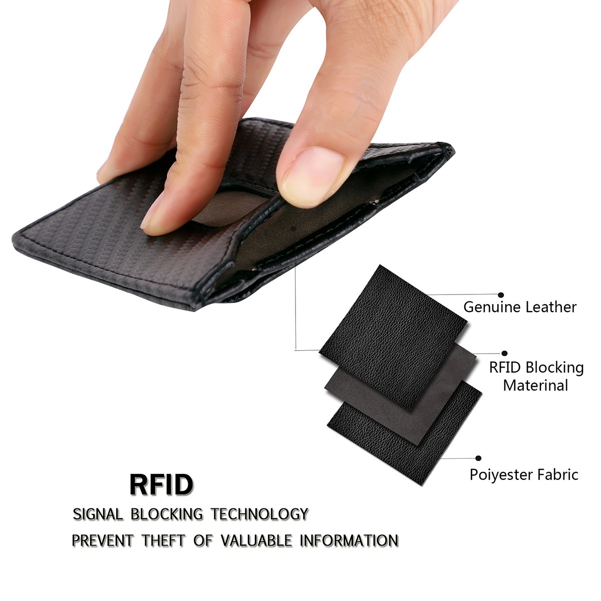 Carbon Fiber Money Clip, Front Pocket Wallet, Leather RFID Blocking Wallet Slim Minimalist Wallet for Men