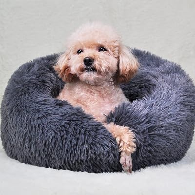 UUEMB Calming Donut Dog Cat Bed 50cm Dark Grey Soft Plush Washable