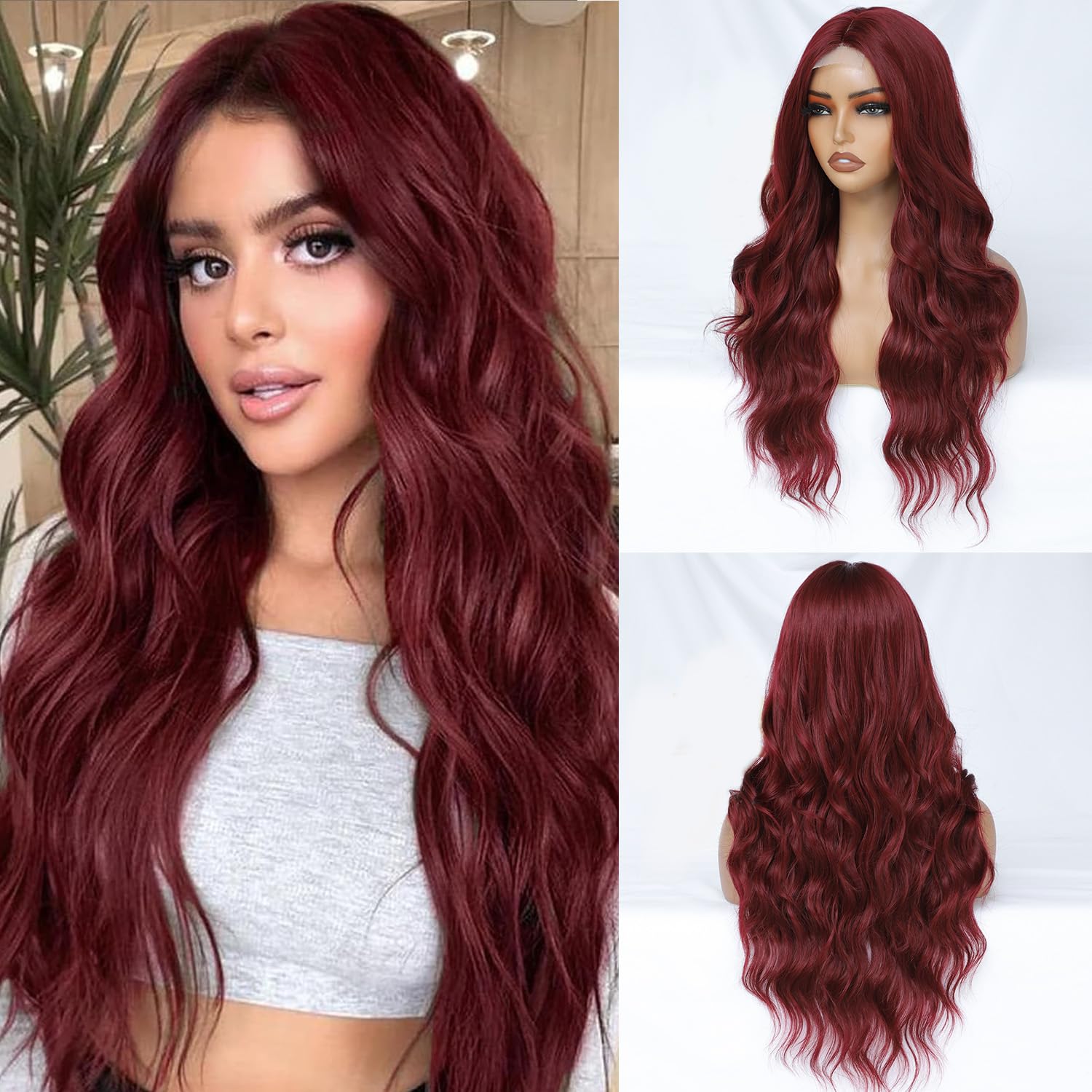Photo 1 of FEIVOSILAN Burgundy Wig for Women Long Wavy Red Wig Middle Part 26 Inch Wigs Heat Resistant Synthetic Wig for Daily Use