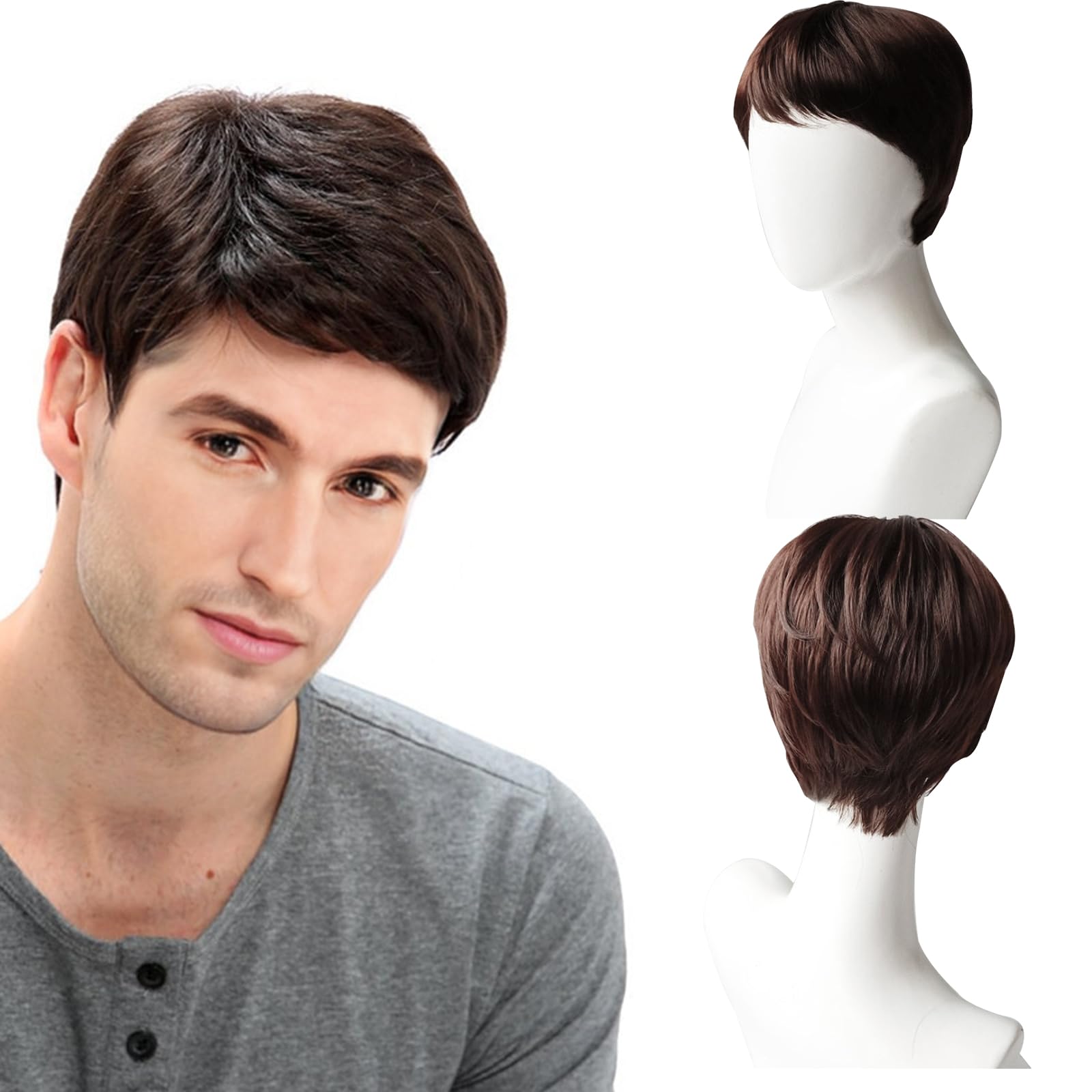 Mens Wig, Wigs for Men, Straight Costume Wigs for Synthetic Mens Wig for Daily Use Handsome Men's Daily Costume Fancy Dress Cosplay Halloween (Dark Brown)